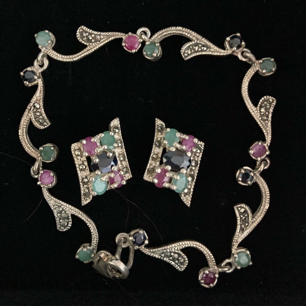 Silver with mixed gemstones earrings and bracelet set.
